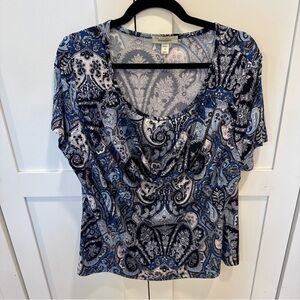 dressbarn Blue Paisley Short-Sleeve Scoop drape Neck Top plus size 1X